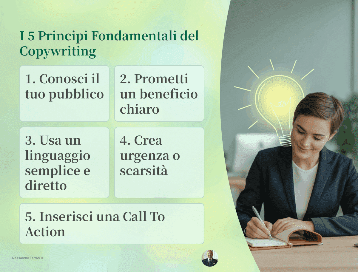 Infografica sui 5 principi fondamentali del copywriting: conoscere il pubblico, promettere benefici chiari, linguaggio semplice, urgenza e call to action.