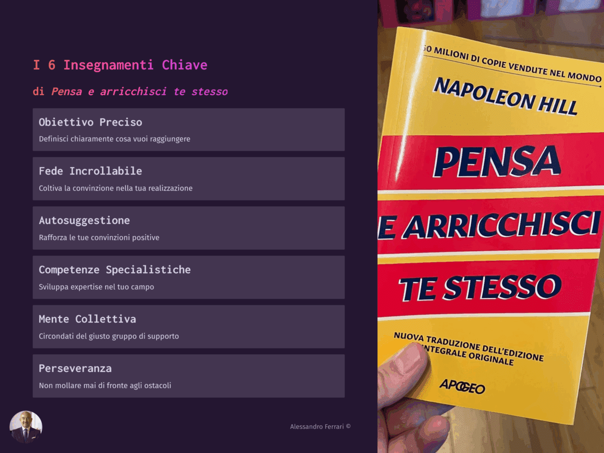Napoleon Hill: 10 Insegnamenti per una Vita di Successo 2 Infografica con i 6 insegnamenti chiave del libro Pensa e arricchisci te stesso di Napoleon Hill