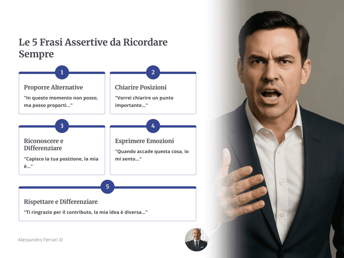 Assertività: guida completa (significato, esempi, tecniche ed esercizi) 3 Assertività: 5 frasi assertive pronte per una comunicazione chiara e rispettosa al lavoro e nella vita privata.