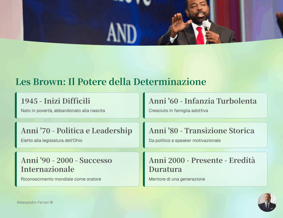 Infografica: Les Brown — 6 passaggi chiave della sua vita (1945 nascita a Miami; infanzia difficile e adozione; anni ’70 politica & leadership; anni ’80 svolta da oratore; anni ’90–2000 libri e TV; 2010-oggi eredità formativa). Oratore motivazionale, ispirazione e leadership.