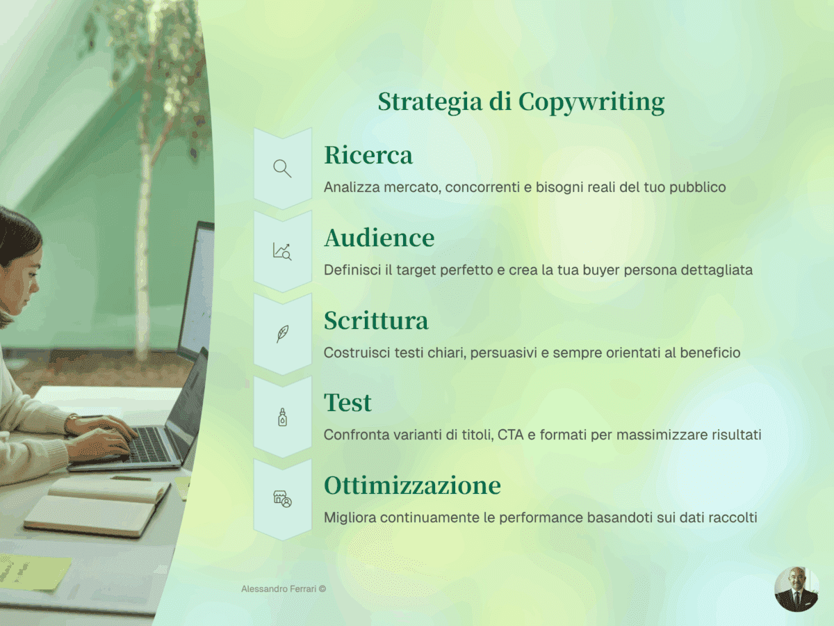 Infografica strategia di copywriting in 5 step: ricerca, audience, scrittura, test e ottimizzazione per creare testi persuasivi.