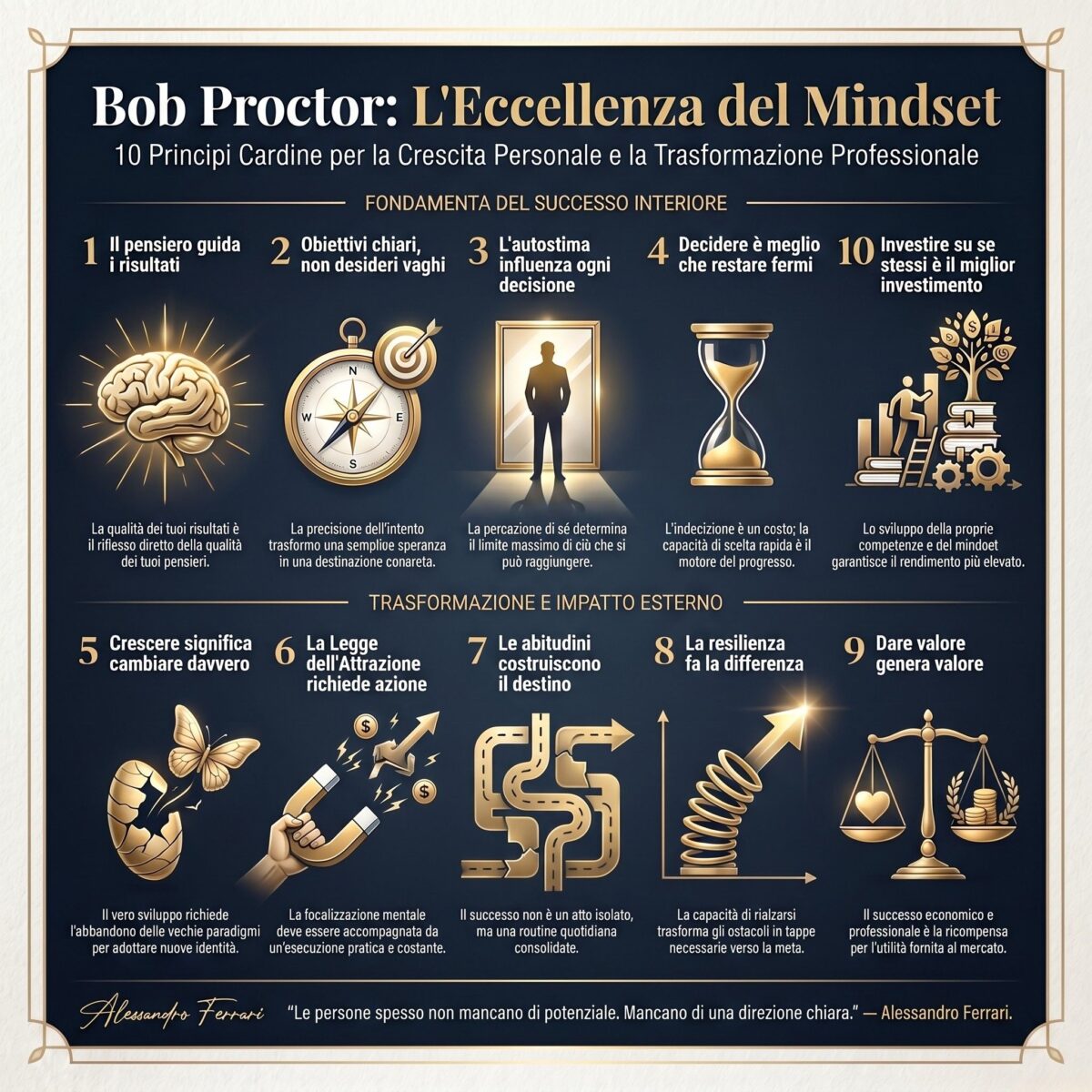 Bob Proctor: infografica editoriale sui 10 insegnamenti per crescita personale, mindset, autostima, obiettivi e successo