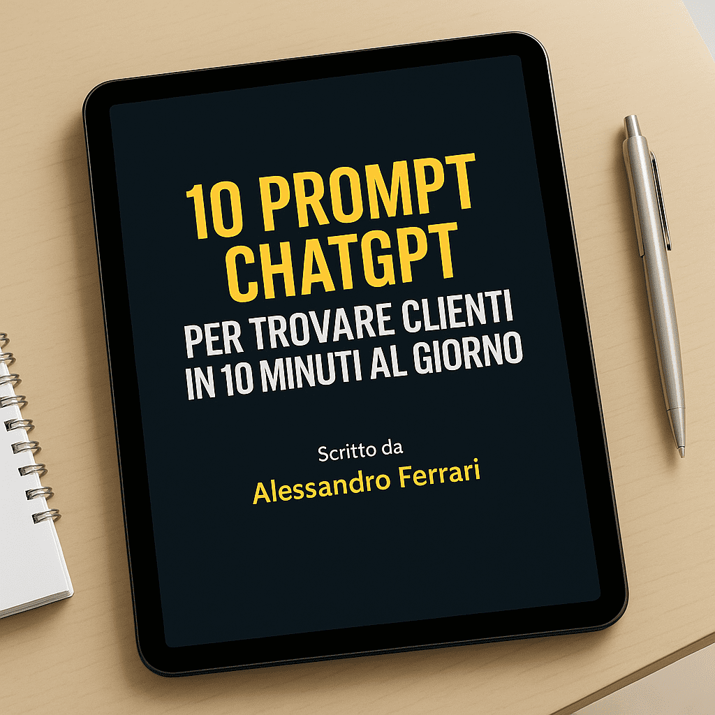 Guida gratuita 10 prompt ChatGPT per trovare clienti in 10 minuti al giorno scritta da Alessandro Ferrari – strategia AI per marketing e vendita.