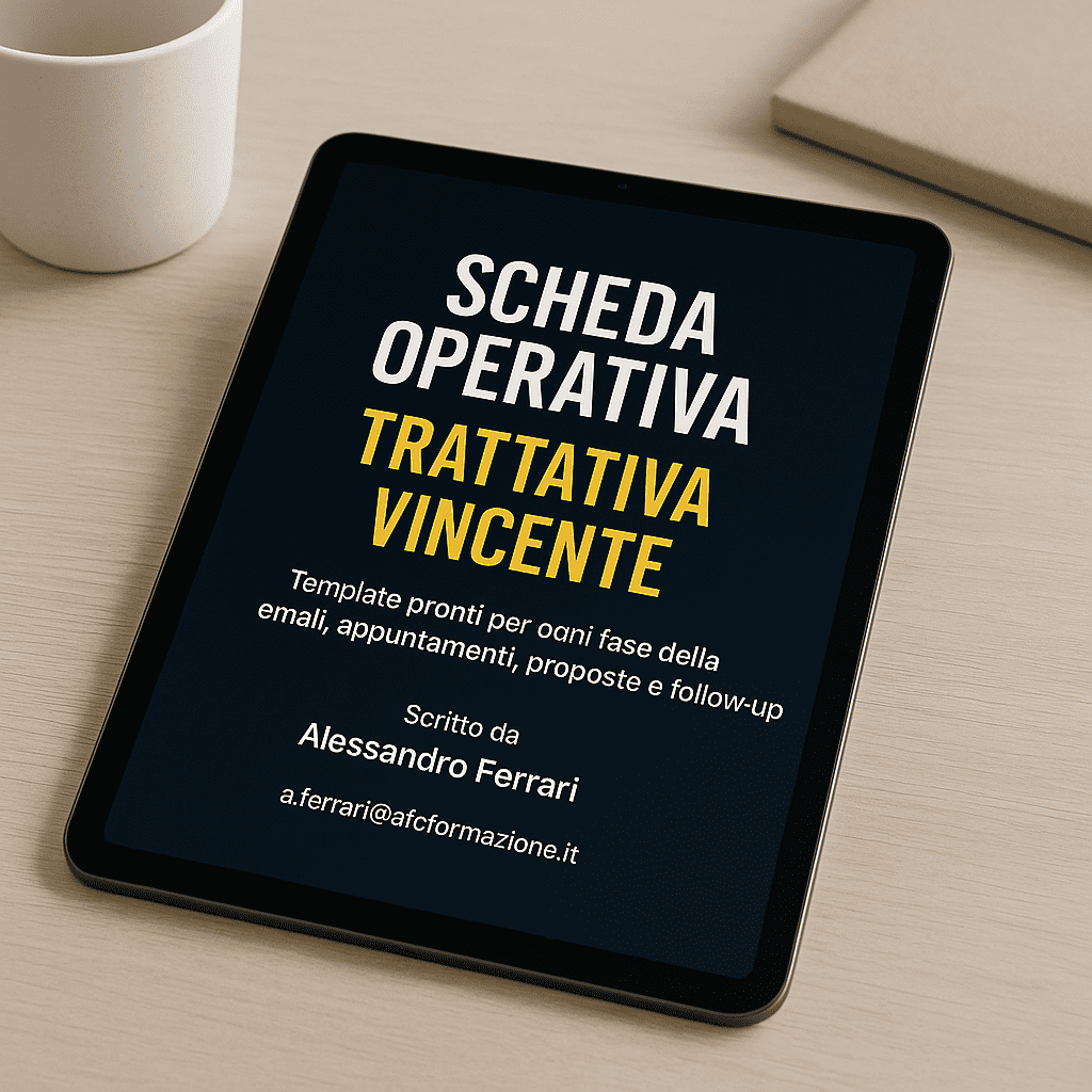 Scheda operativa per una trattativa vincente creata da Alessandro Ferrari – strumento pratico per gestire le fasi della vendita con efficacia e metodo.