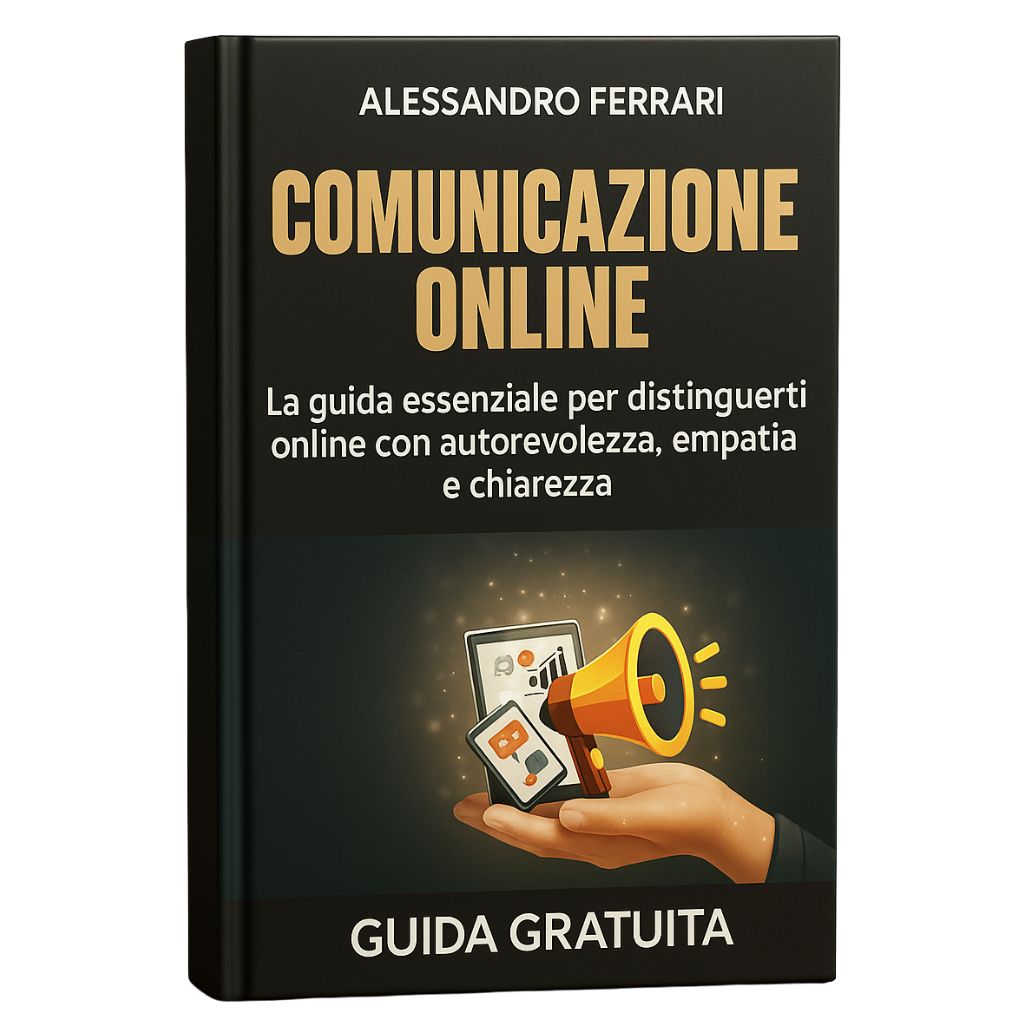 Mockup della guida gratuita in PDF “Comunicazione Online” di Alessandro Ferrari, che insegna come comunicare con chiarezza, autorevolezza ed empatia nel mondo digitale.