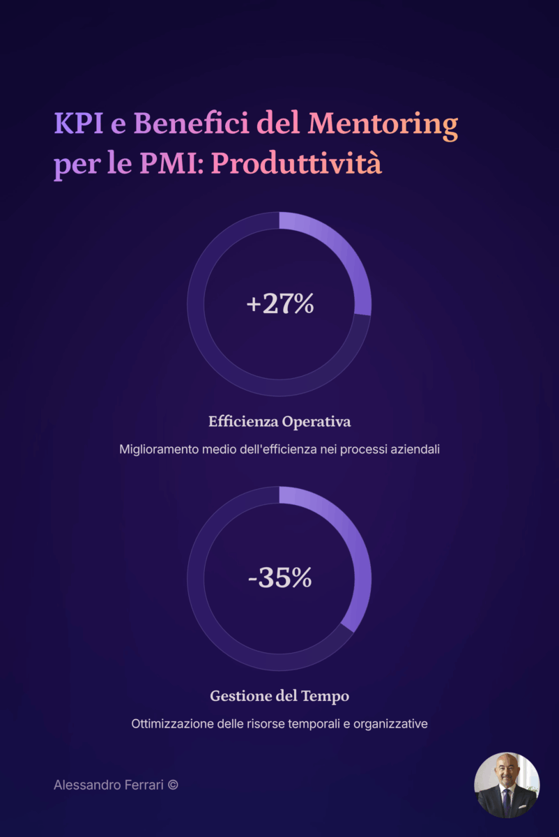 Infografica che mostra i KPI e i benefici del mentoring per PMI, con dati su produttività, leadership, comunicazione e ROI aziendale.