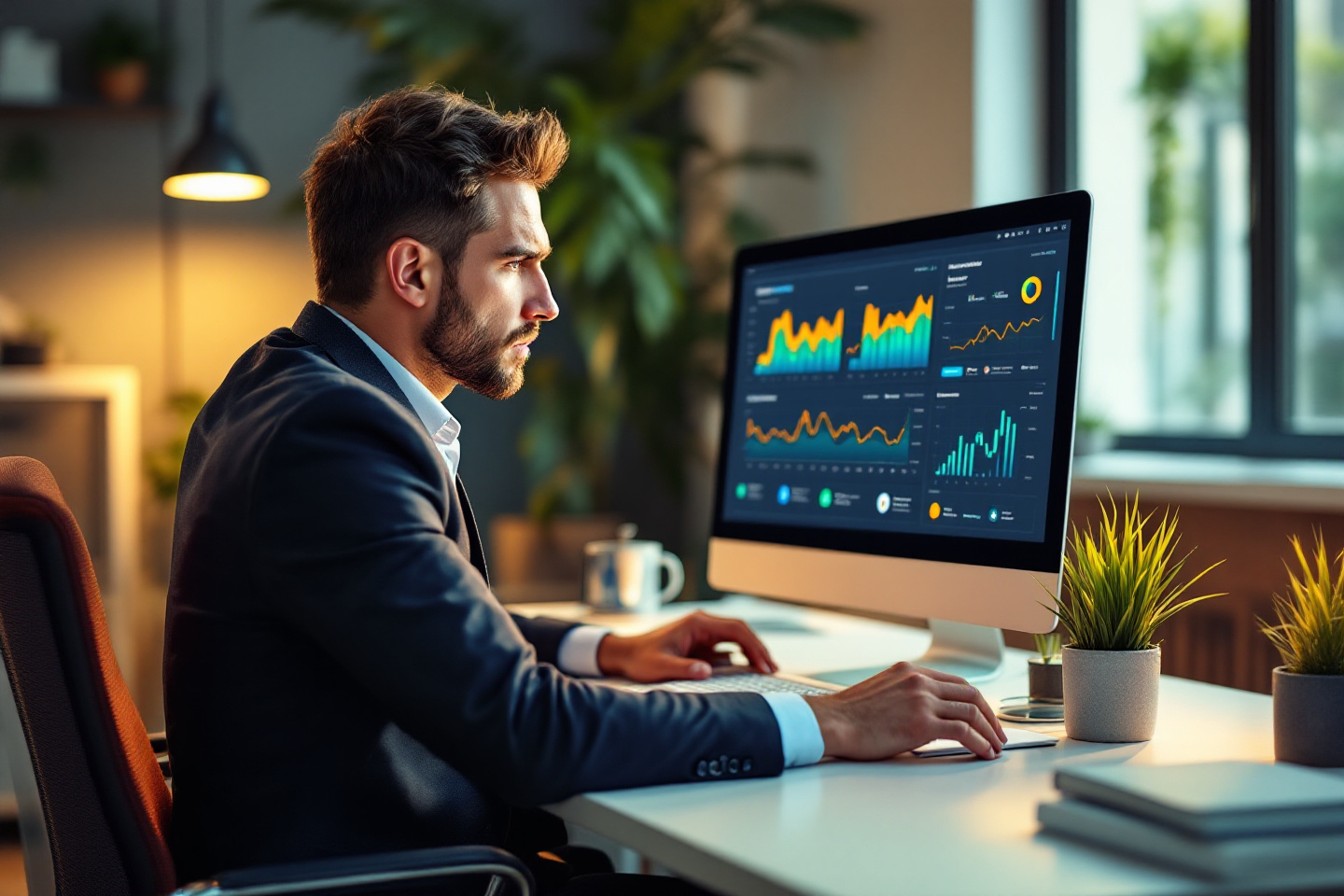 Professionista davanti al computer che analizza i risultati e si rende conto della mancanza di strategie efficaci per capire come trovare clienti, prima di scoprire le tecniche della Master Class con ChatGPT.