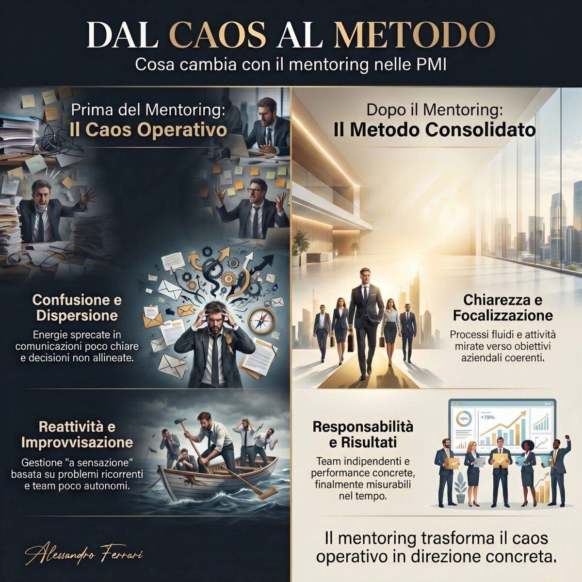 Infografica sul mentoring per PMI che mostra il passaggio dal caos operativo al metodo con maggiore chiarezza, responsabilità e risultati