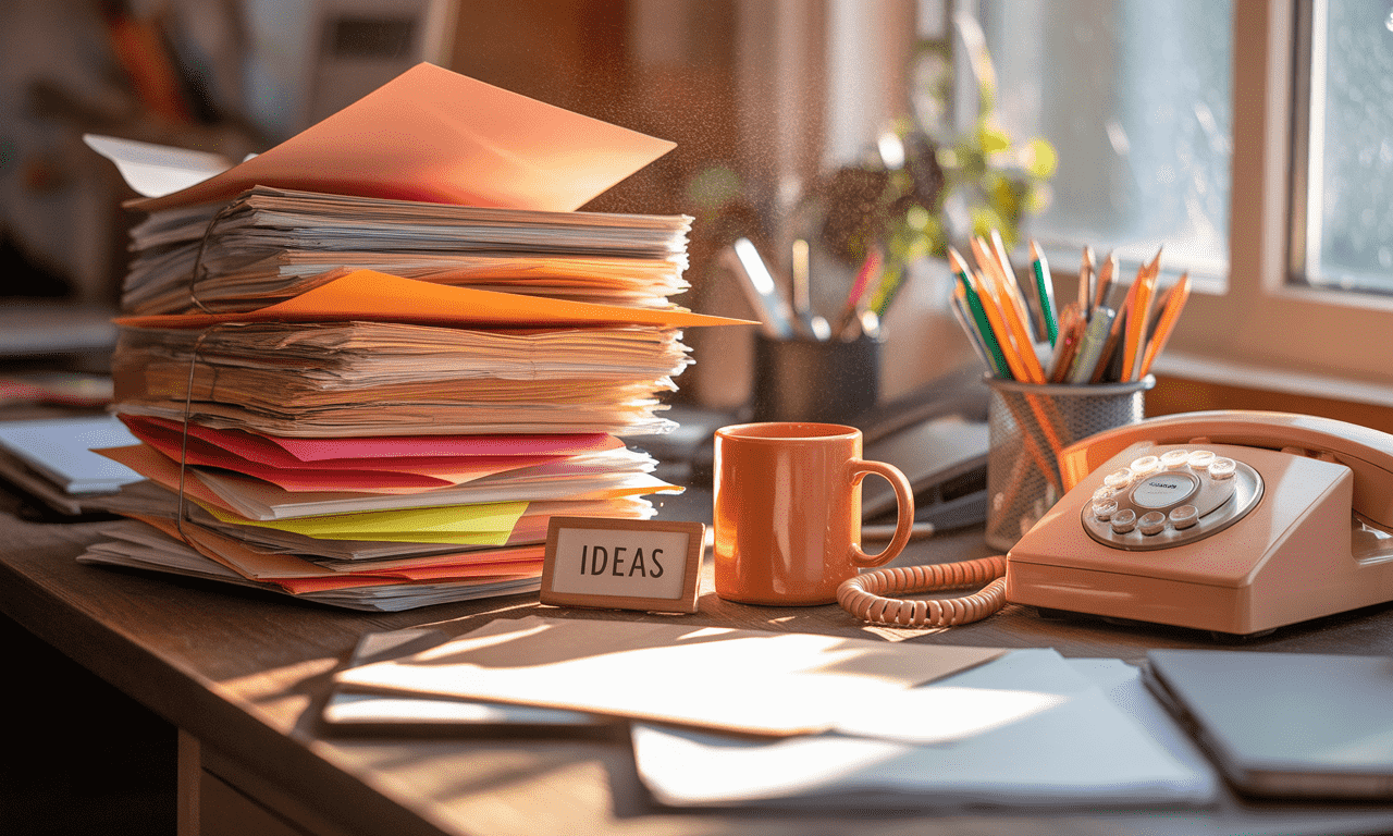 Scrivania d’ufficio con fascicoli, taccuino, tazza e telefono: metafora del passaggio dal caos all’organizzazione tramite il Mentoring PMI di Alessandro Ferrari.