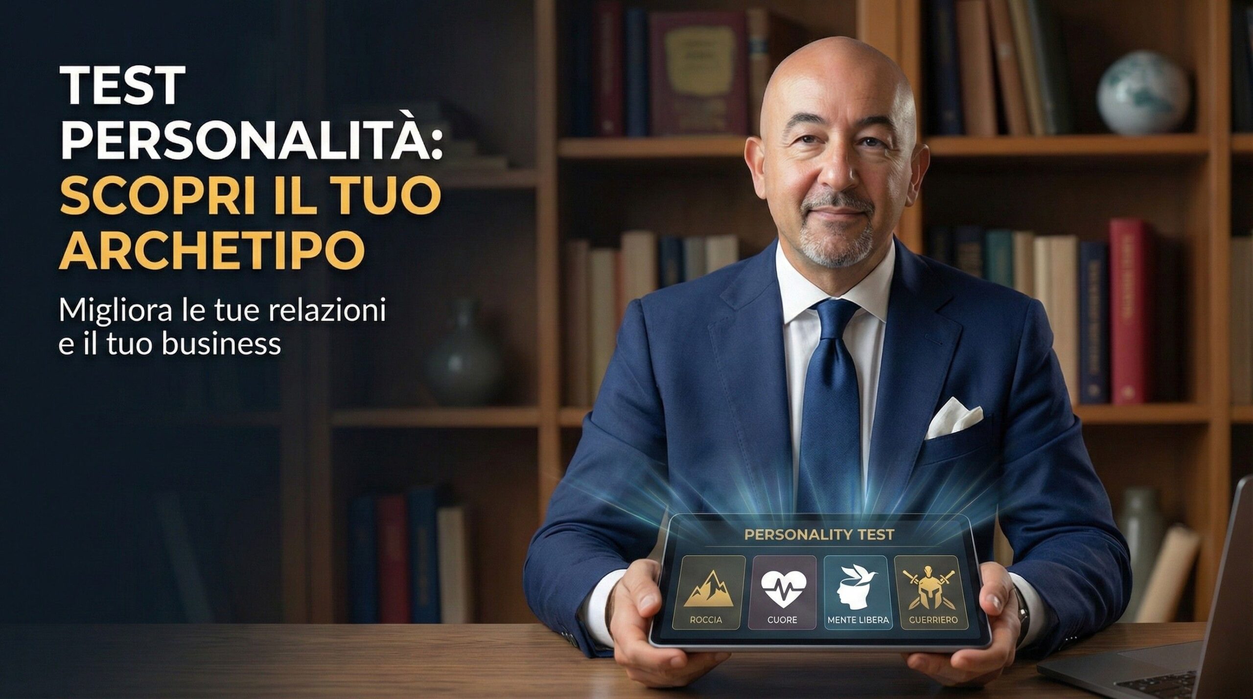 Alessandro Ferrari tiene un tablet che mostra un test della personalità con quattro archetipi: Roccia, Cuore, Mente Libera, Guerriero. Il testo di copertina dice "Test Personalità: Scopri il tuo Archetipo. Migliora le tue relazioni e il tuo business".