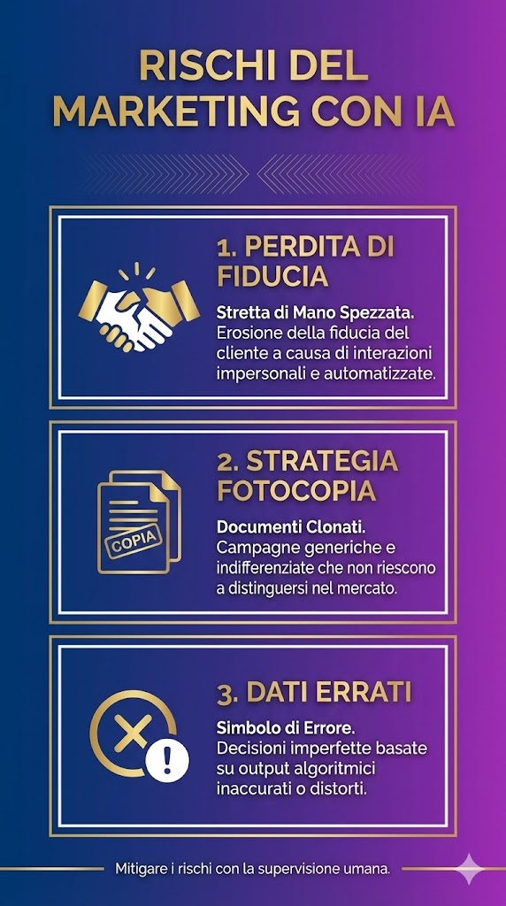 Concorrenza sintetica: Infografica verticale sui 3 Rischi dell'Intelligenza Artificiale nel Marketing: Perdita di Fiducia, Strategie Fotocopia e Dati Errati (Synthetic Authority).
