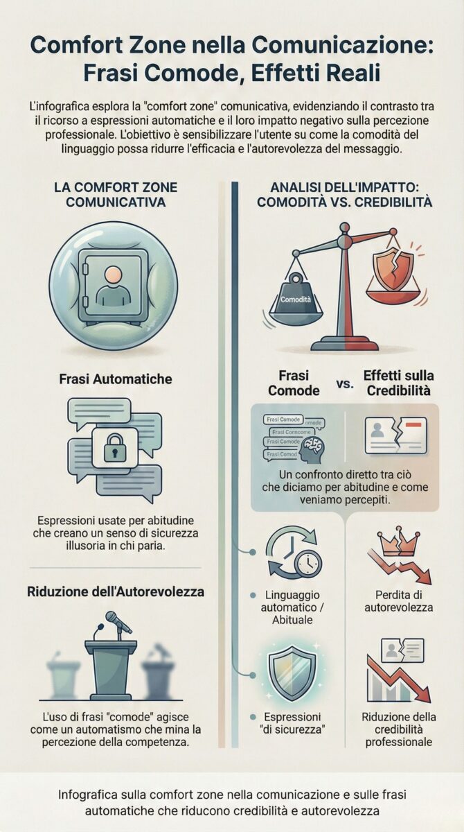 Infografica sulla comfort zone nella comunicazione: 7 frasi comode che riducono chiarezza e credibilità e le alternative assertive consigliate.