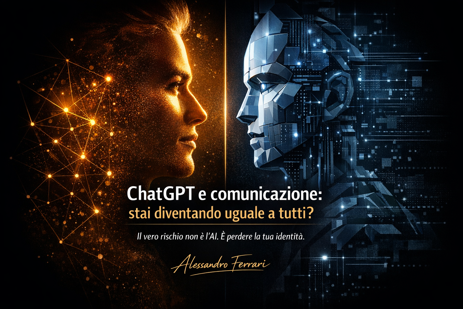 Immagine di copertina su ChatGPT e comunicazione con volto umano e volto artificiale a confronto per rappresentare il rischio di perdere identità nella comunicazione digitale