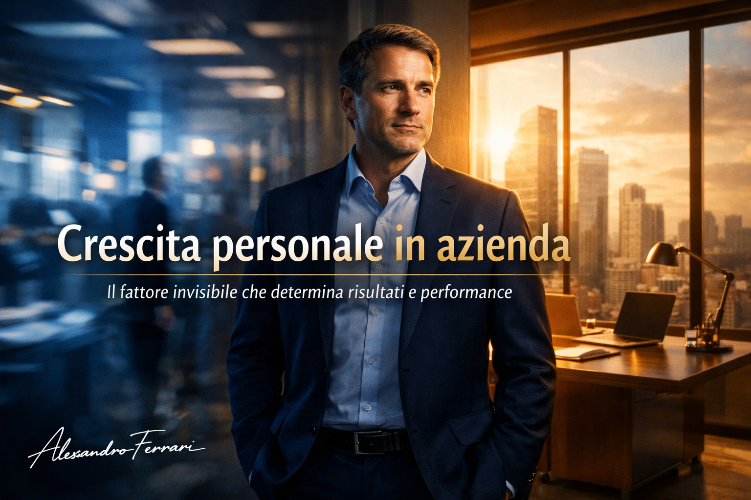 Crescita personale in azienda: professionista in ufficio tra caos e chiarezza, simbolo di risultati e performance