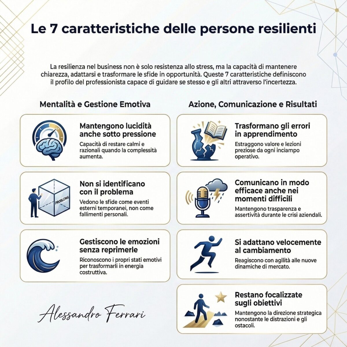 Persone resilienti: le 7 caratteristiche che fanno la differenza in azienda 1 Persone resilienti caratteristiche: le 7 qualità fondamentali per affrontare pressione, cambiamento e difficoltà in azienda