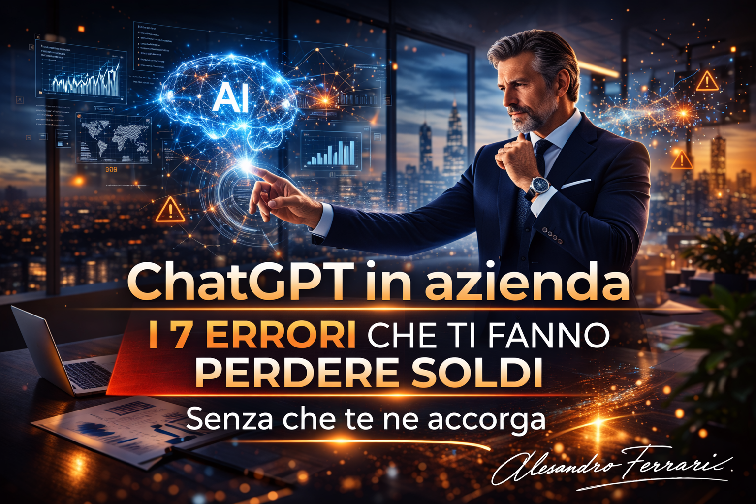 Manager osserva dati e interfacce AI in ufficio moderno, cover articolo sui 7 errori di ChatGPT in azienda