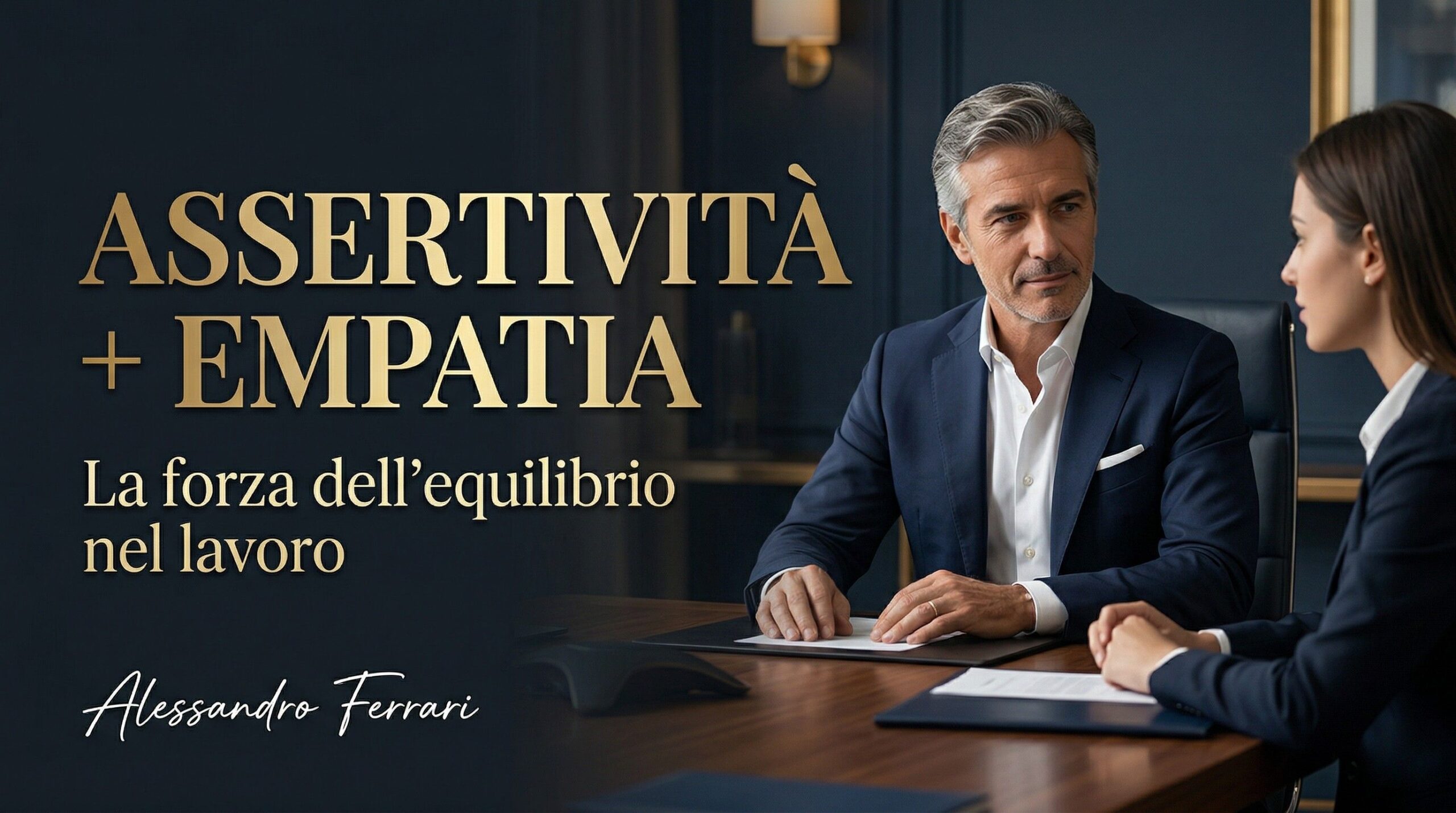 Cover articolo su assertività ed empatia nel lavoro con manager in ufficio e headline sulla comunicazione efficace