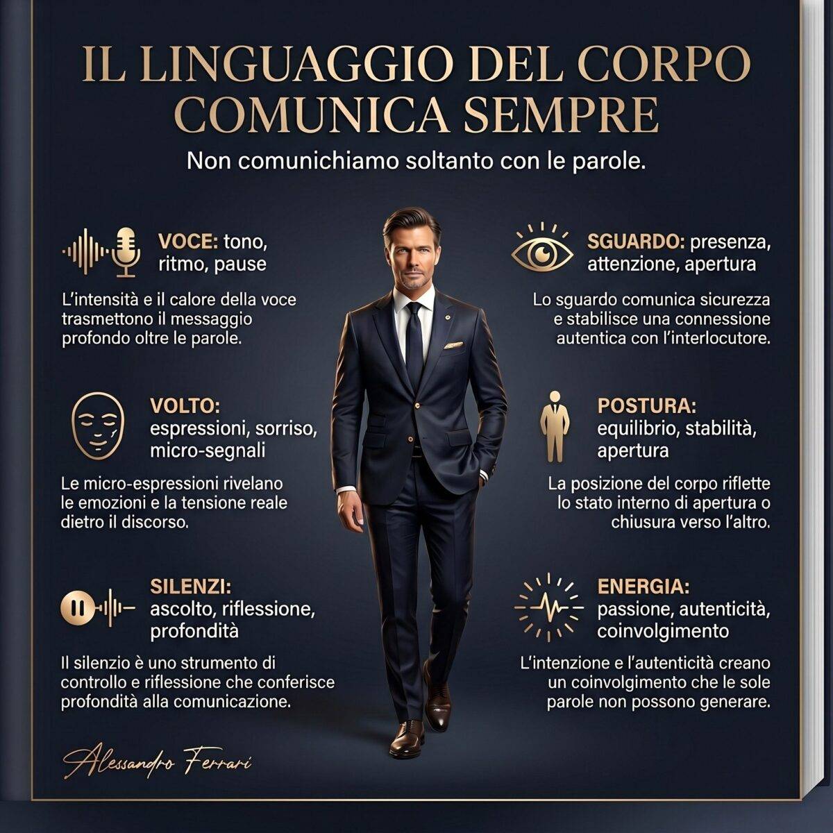 Infografica su come valorizzarsi attraverso comunicazione non verbale, voce, sguardo, postura, silenzi ed energia personale