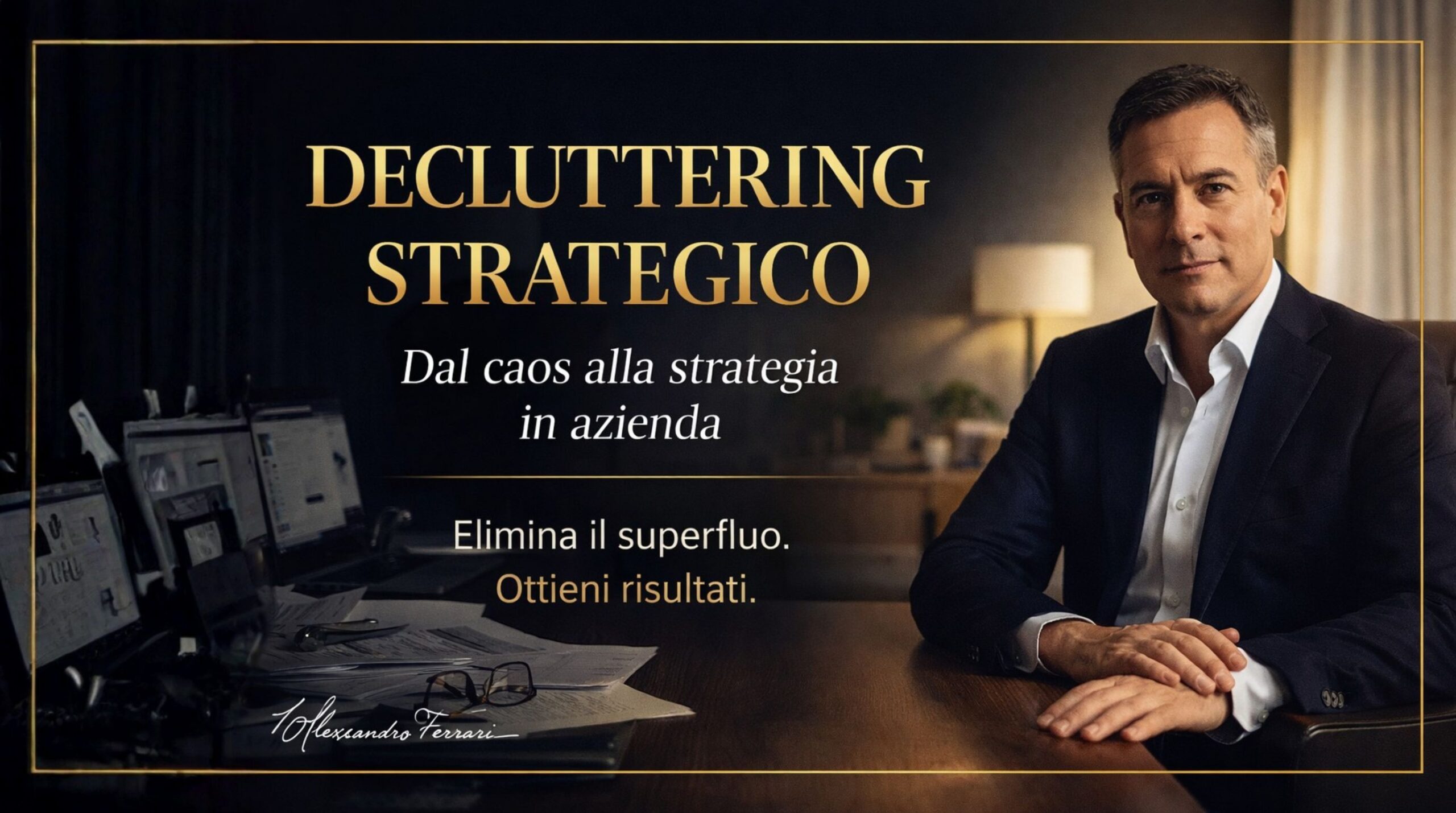 Decluttering strategico in azienda: immagine rappresenta il passaggio dal caos alla strategia con un imprenditore in ufficio