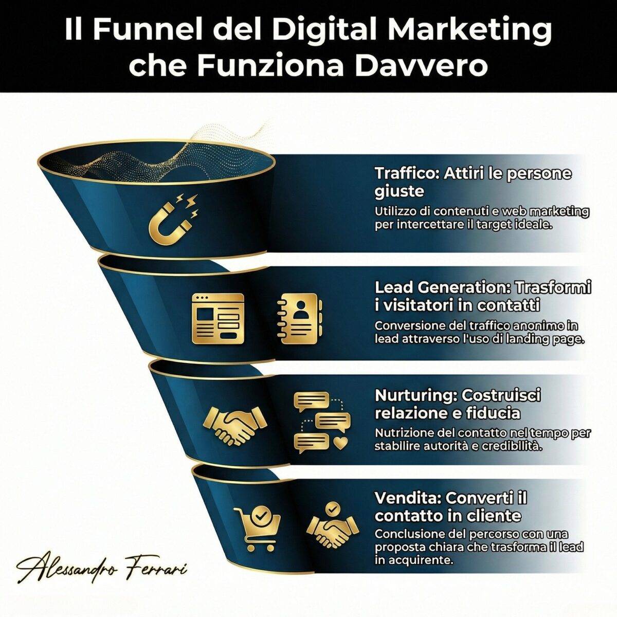 Digital marketing per imprenditori: cosa funziona davvero oggi 2 Infografica che rappresenta il funnel del digital marketing con le quattro fasi principali: traffico, lead generation, nurturing e vendita per trasformare visitatori in clienti.