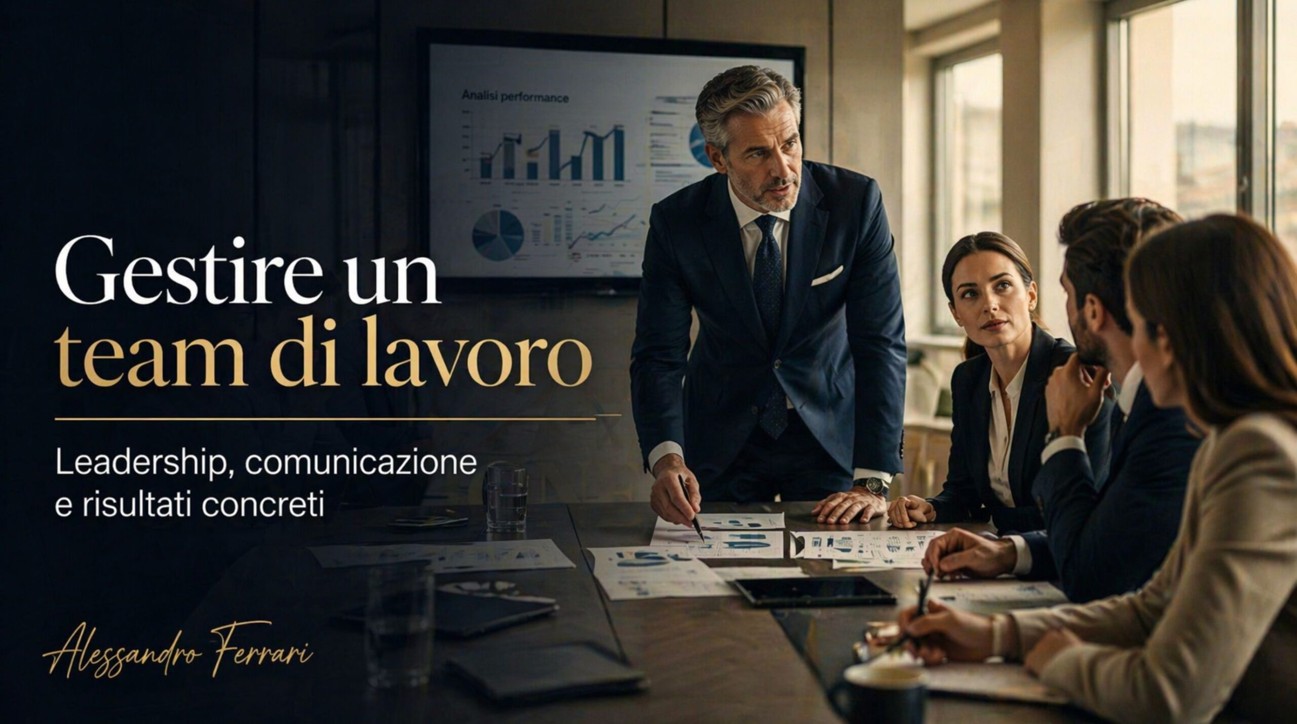 Copertina articolo su gestire team di lavoro con manager che guida un team in riunione aziendale, focus su leadership, comunicazione e risultati