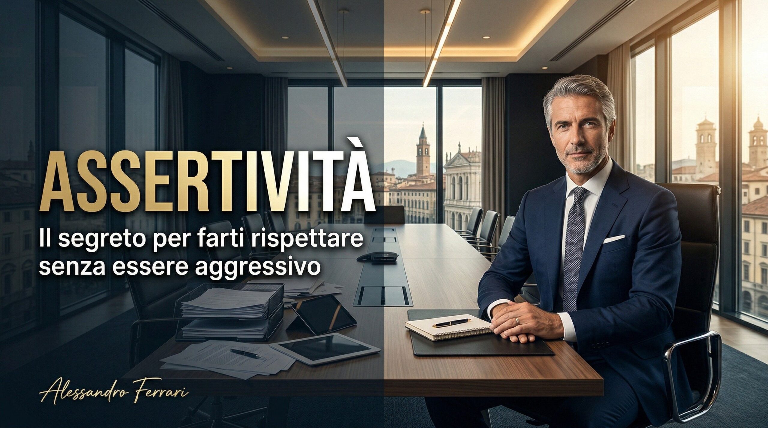 Cos’è l’assertività: manager italiano in ufficio mostra il contrasto tra incertezza e comunicazione assertiva