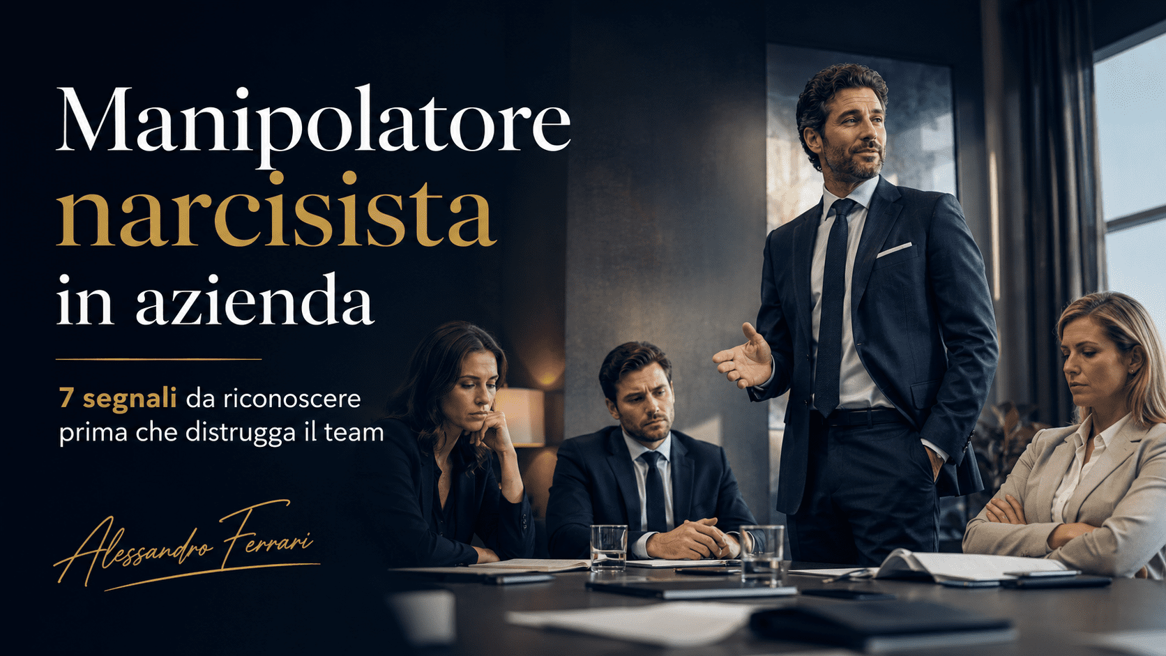 Manipolatore narcisista in azienda in una riunione di team con dinamiche di leadership tossica e collaboratori in difficoltà.