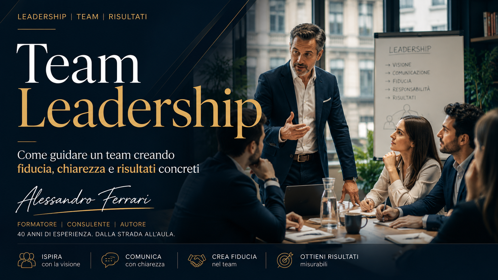 Team leadership efficace: leader che guida un team in riunione con comunicazione chiara e autorevole