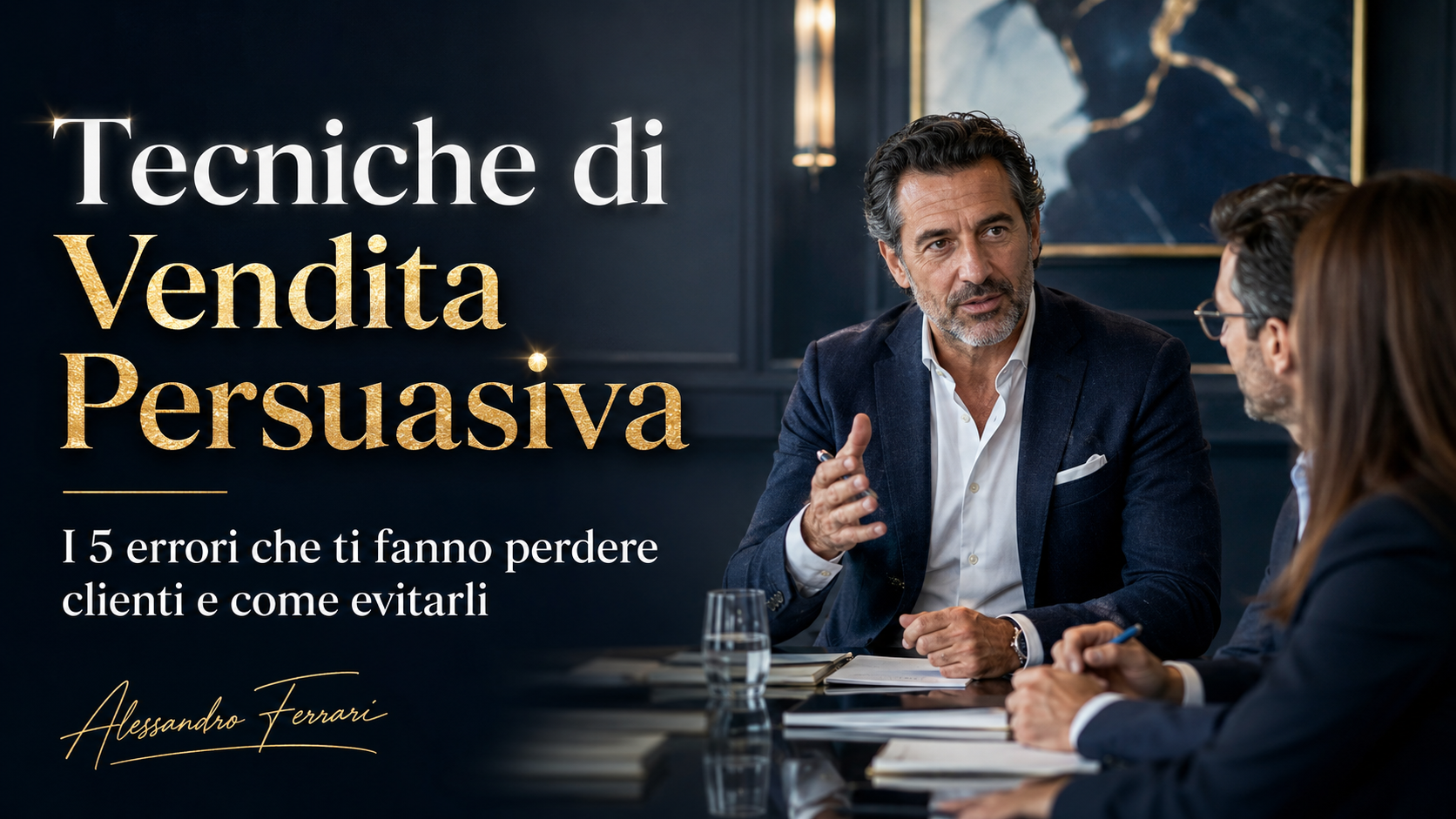 Cover dell’articolo sulle tecniche di vendita persuasiva, con consulente in riunione commerciale e headline sui 5 errori che fanno perdere clienti.