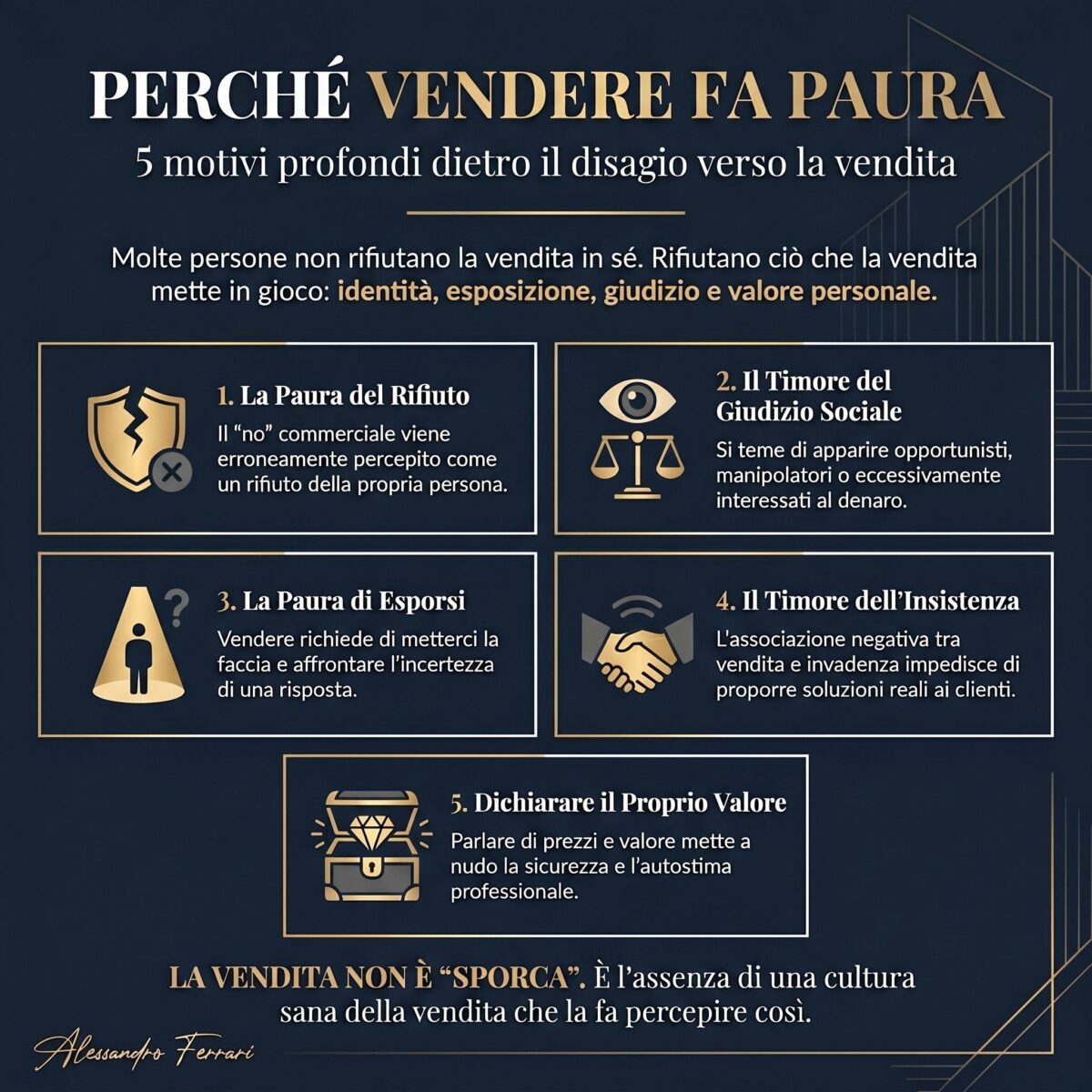 Perché vendere fa paura: infografica sui 5 motivi psicologici e relazionali del disagio verso la vendita