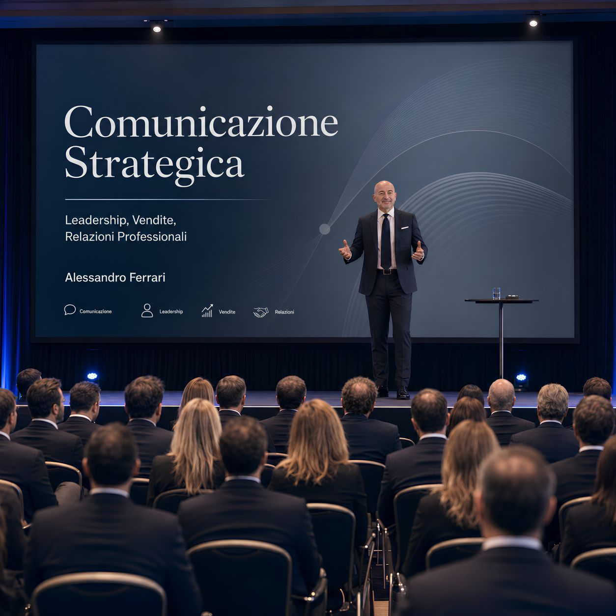 Alessandro Ferrari sul palco durante una presentazione di comunicazione strategica davanti a una platea aziendale