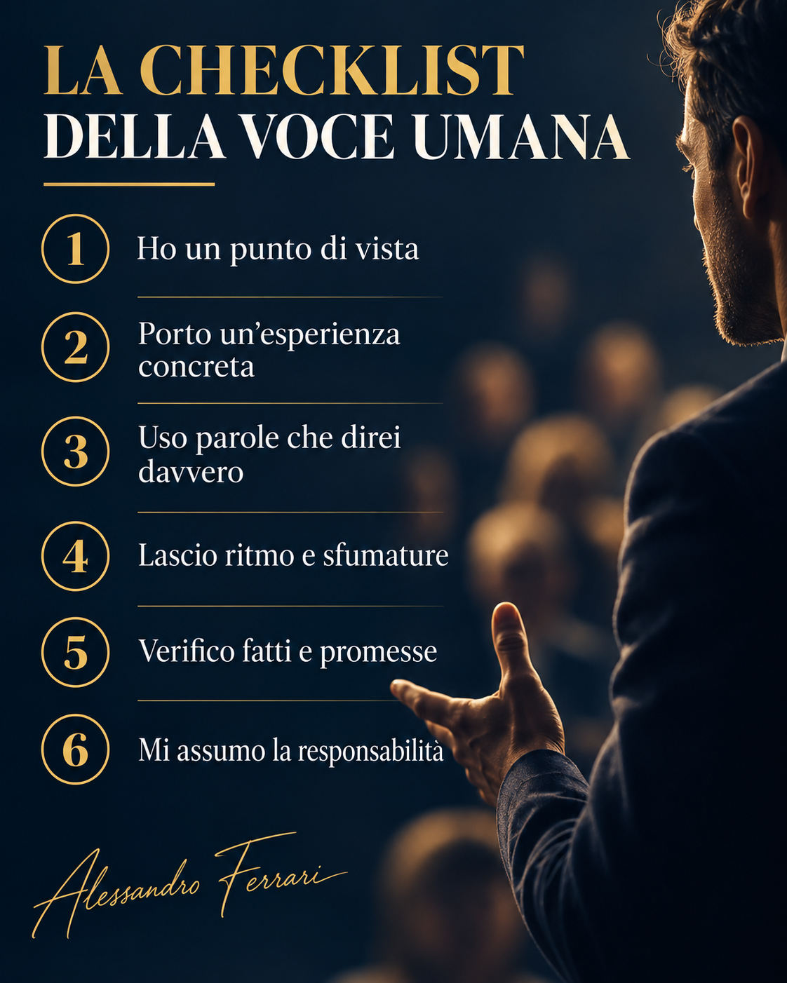 Checklist della voce umana per comunicare con ChatGPT: punto di vista, esperienza, parole autentiche, ritmo, verifica e responsabilità