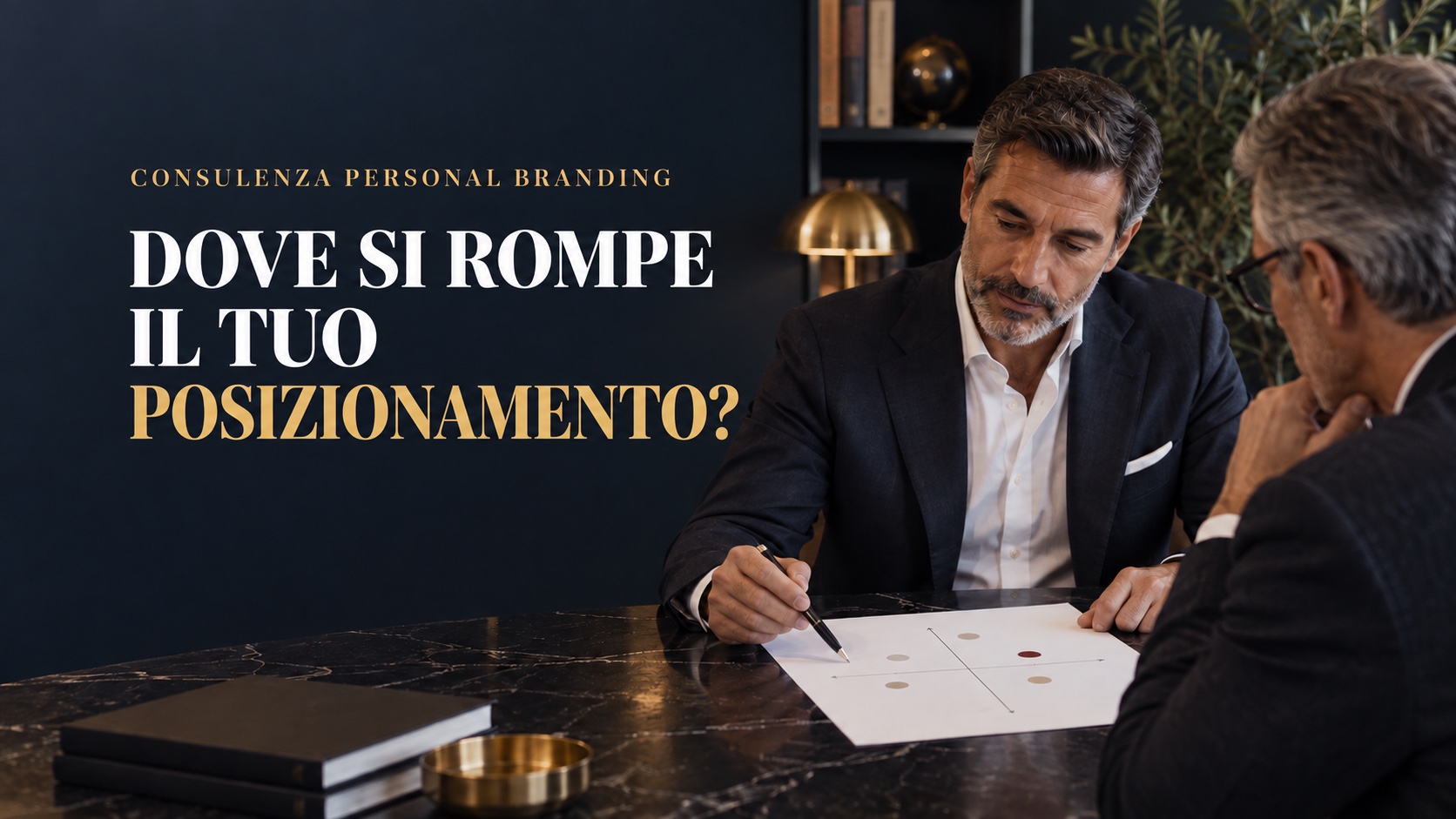 Consulenza personal branding tra due professionisti che analizzano il posizionamento