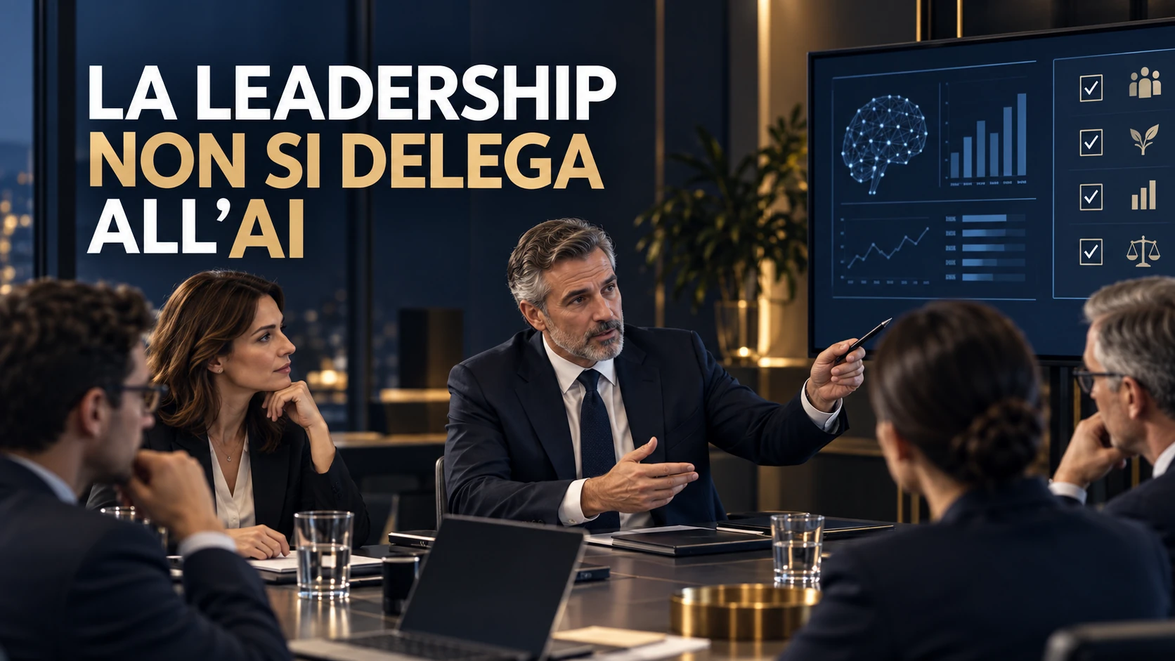 Leader e team discutono una decisione assistita dall’intelligenza artificiale mantenendo chiara la responsabilità umana