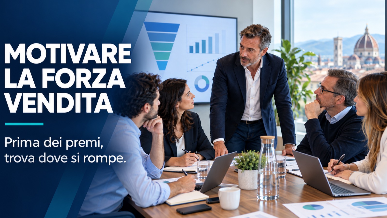 Cover con la scritta “Motivare la forza vendita” e un sales manager riunito con il team commerciale