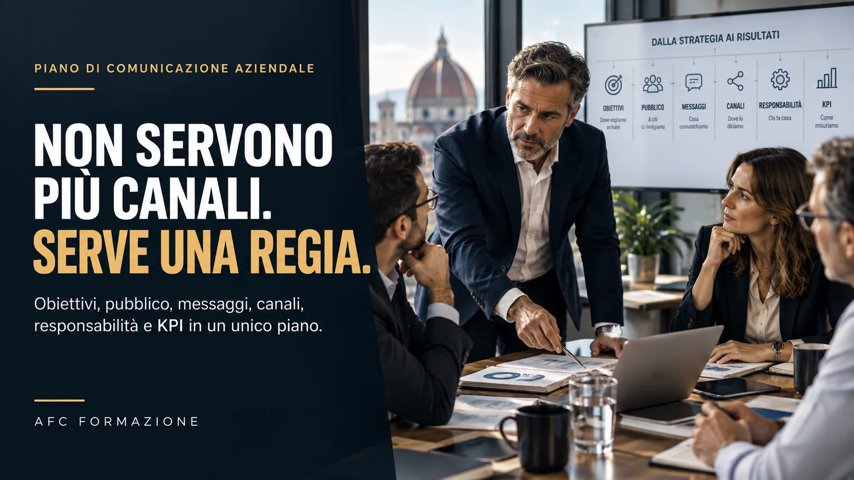 Piano di comunicazione aziendale: team manageriale allinea obiettivi, pubblico, messaggi, canali, responsabilità e KPI