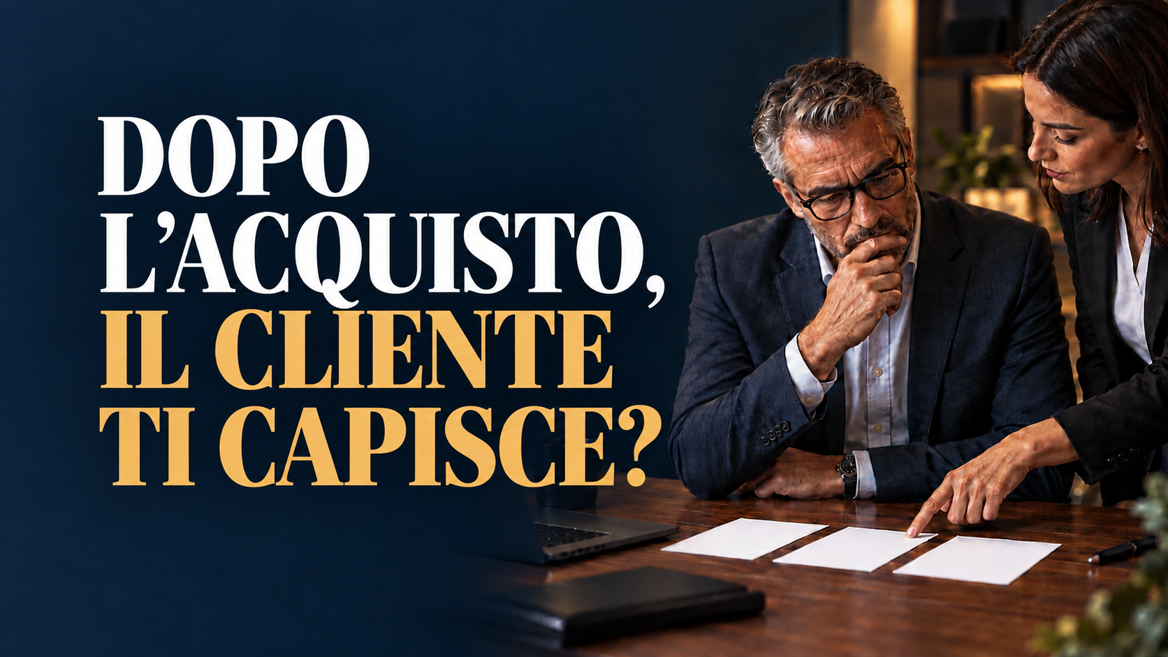 Comunicazione post vendita: «Dopo l’acquisto, il cliente ti capisce?» con headline grande a sinistra e dialogo di lavoro a destra.