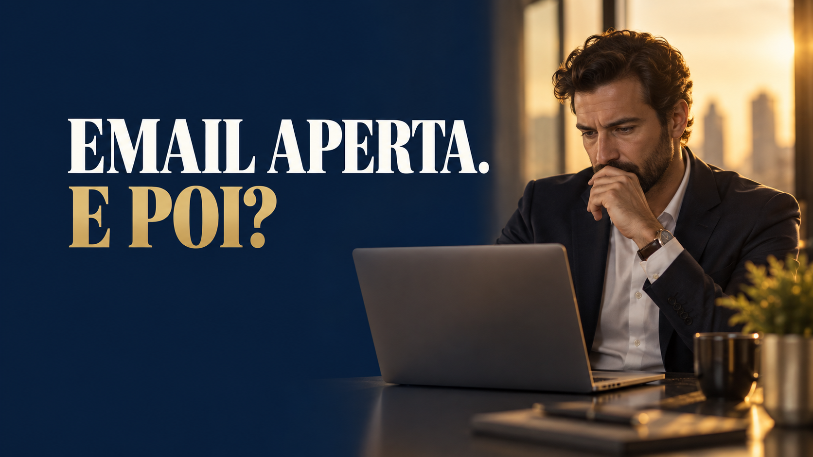 Errori email marketing: «EMAIL APERTA. E POI?». Illustrazione editoriale con professionisti anonimi.