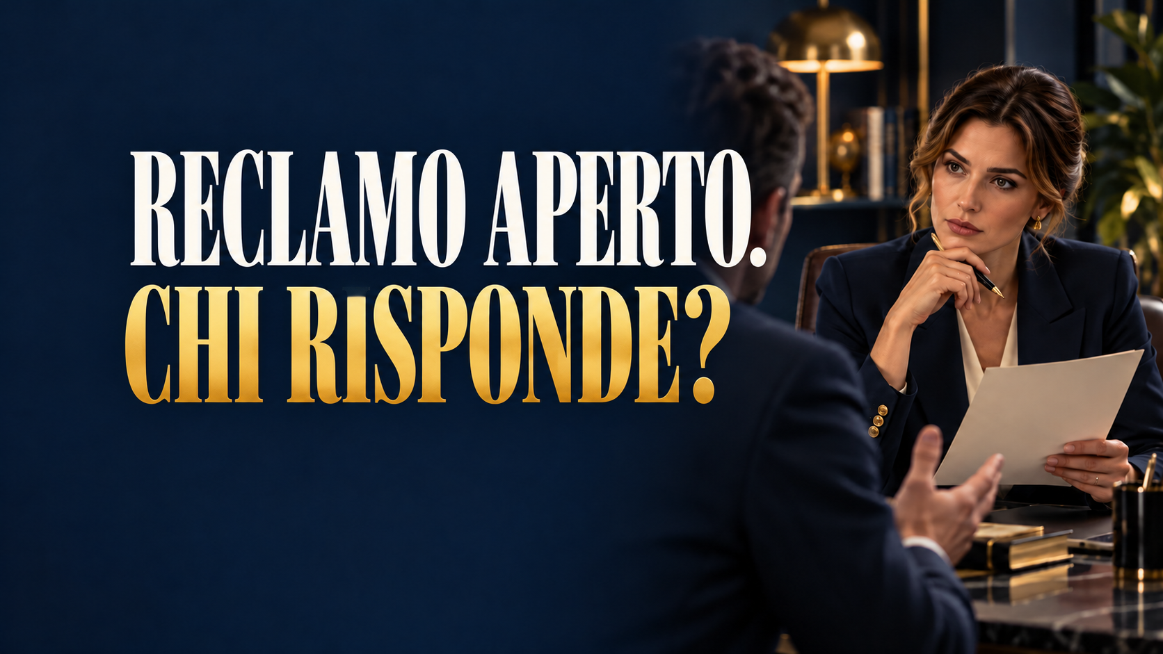 Gestione reclami: «RECLAMO APERTO. CHI RISPONDE?». Illustrazione editoriale con professionisti anonimi.