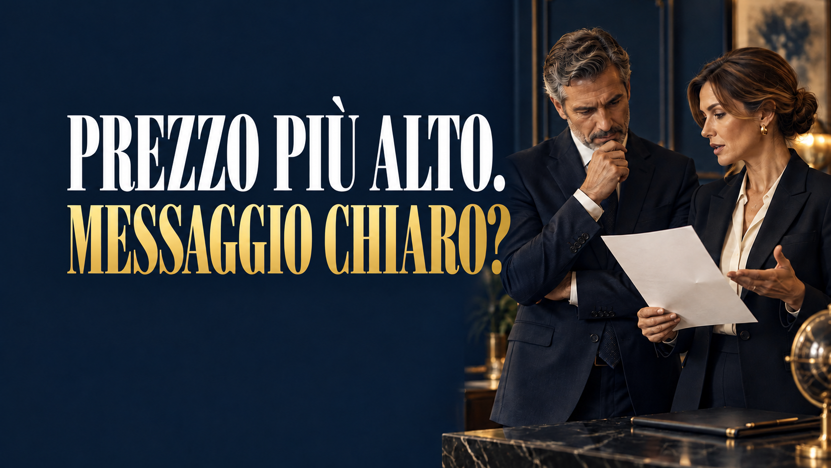 Lettera aumento prezzi: «PREZZO PIÙ ALTO. MESSAGGIO CHIARO?». Illustrazione editoriale con professionisti anonimi.