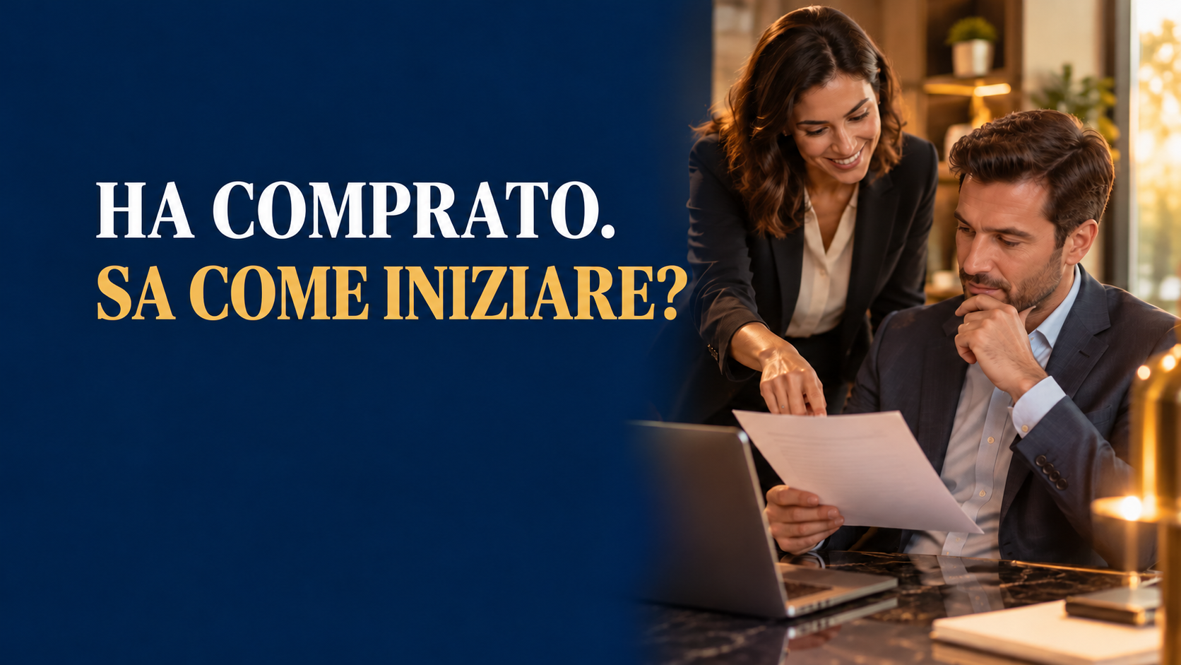 Onboarding clienti: «HA COMPRATO. SA COME INIZIARE?». Illustrazione editoriale con professionisti anonimi.